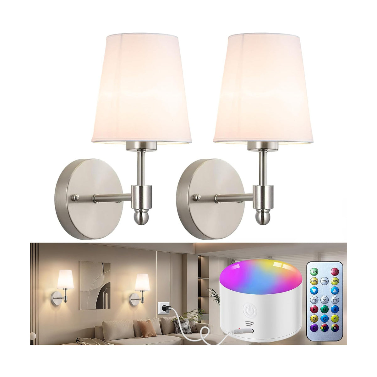 YHCDLAMP Battery Operated Wall Sconces Set of Two, Rechargeable Wireless Wall Lights with 10000mAh RGB Dimmable