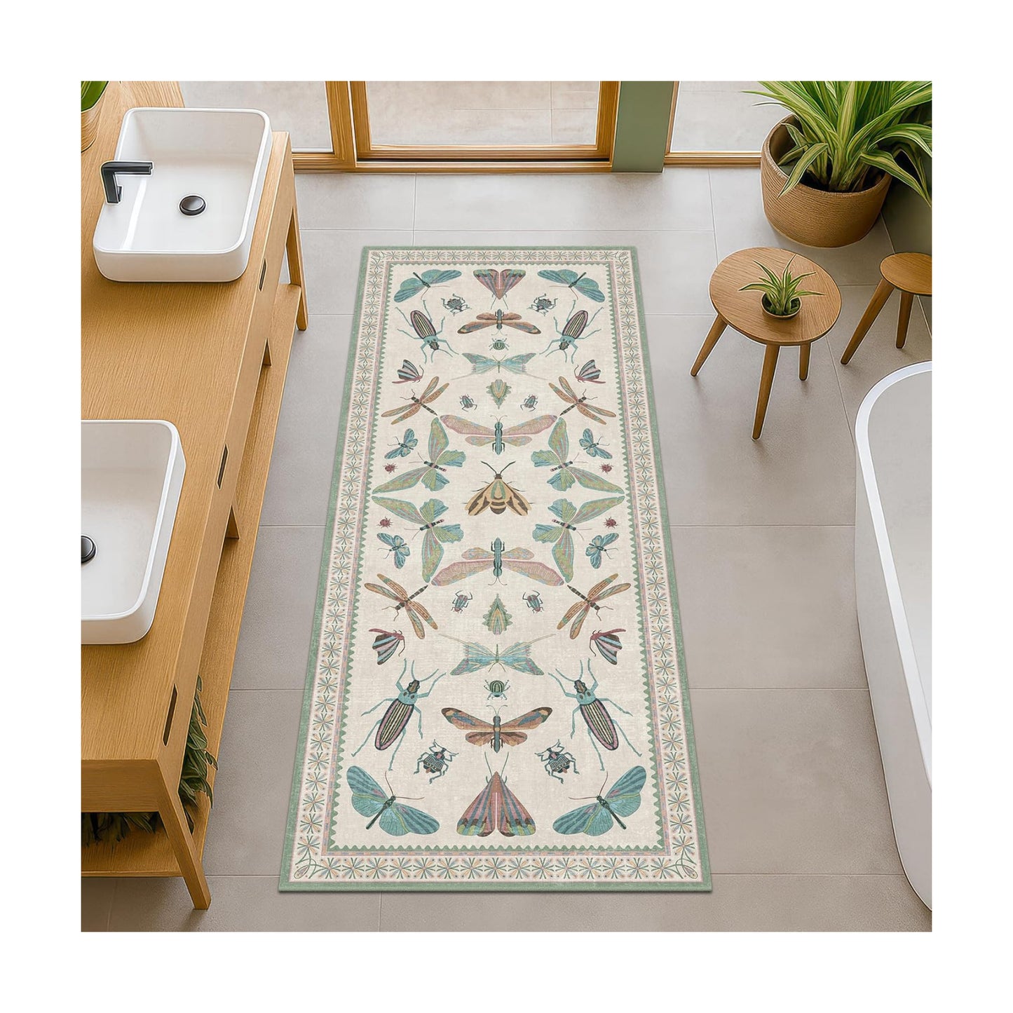 Hazo Haus Washable Non Slip Bathroom Runner Rug 2x5, Insect Boho Bath Mat, Stain Resistant Low Pile Butterfly Insect