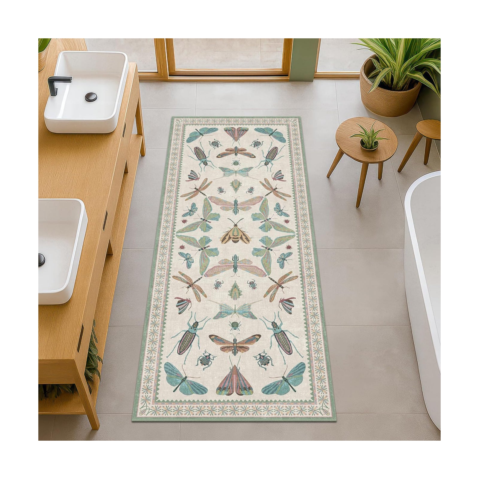 Hazo Haus Washable Non Slip Bathroom Runner Rug 2x5, Insect Boho Bath Mat, Stain Resistant Low Pile Butterfly Insect