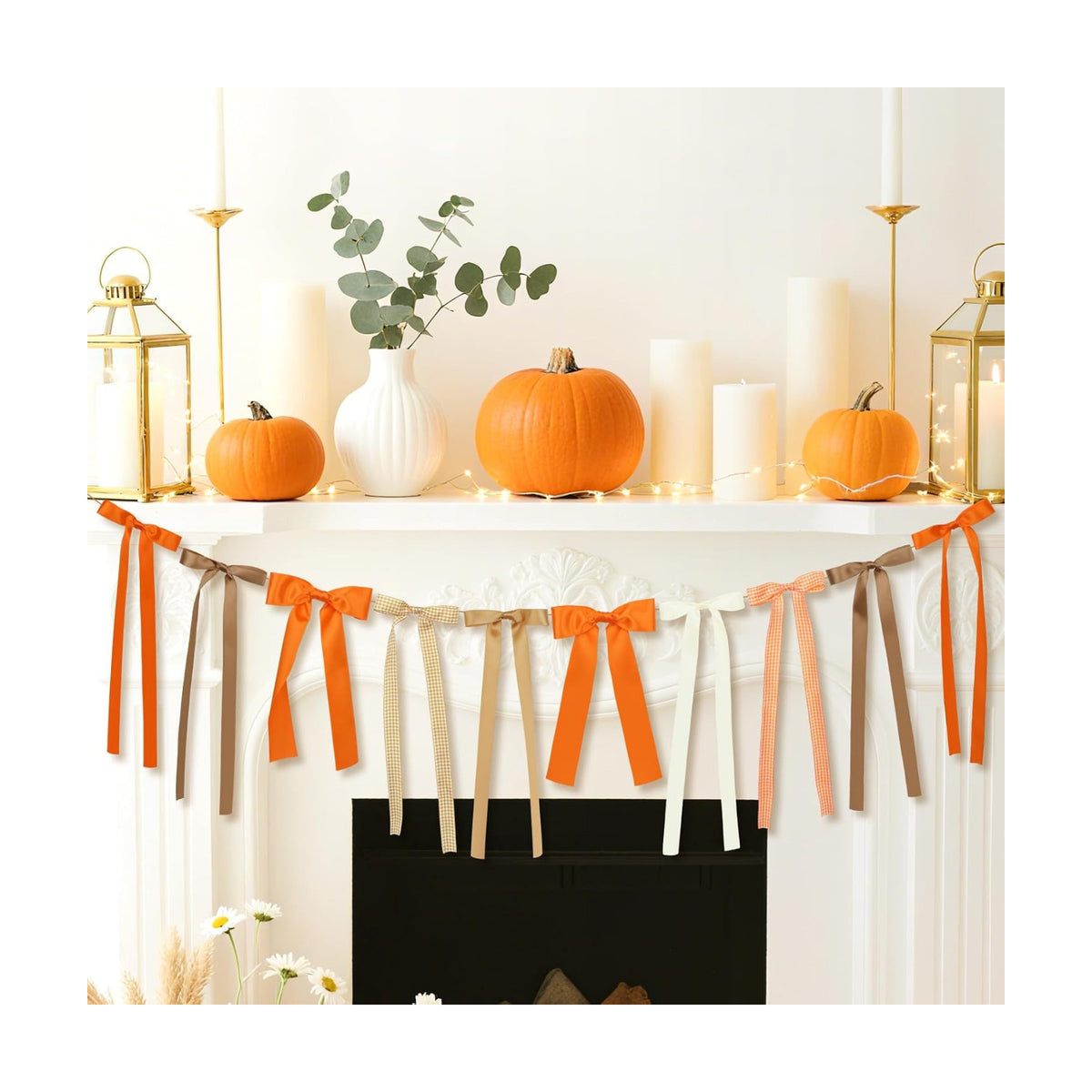 Fall Bow Garland, Fall Mantel Bows Garland Thanksgiving Bow Banner Autumn Hanging Garlands Fall Decorations for Home Office Fireplace Mantle Decor, Table Wall Halloween Thanksgiving Farmhouse Decor