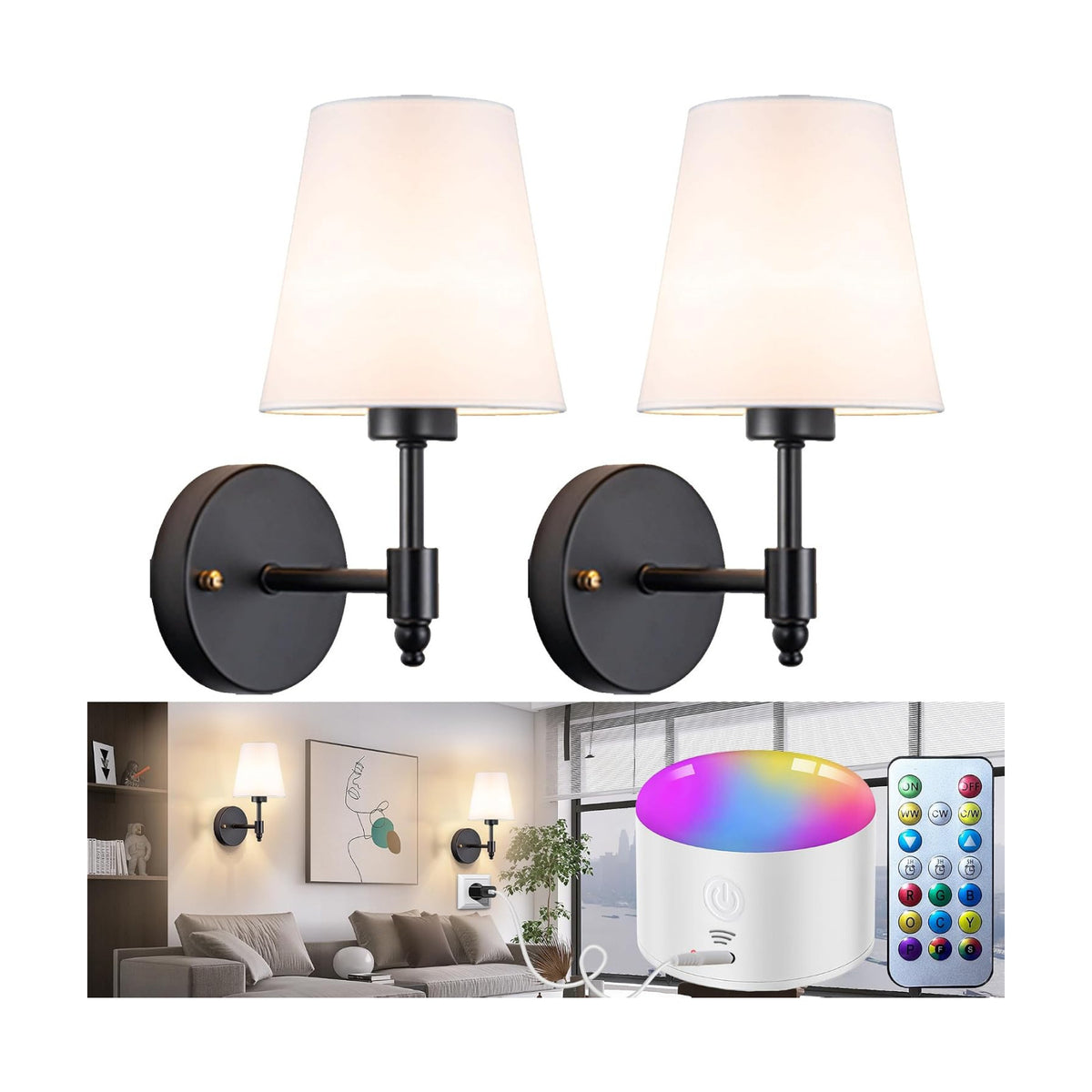 YHCDLAMP Battery Operated Wall Sconces Set of Two, Rechargeable Wireless Wall Lights with 10000mAh RGB Dimmable