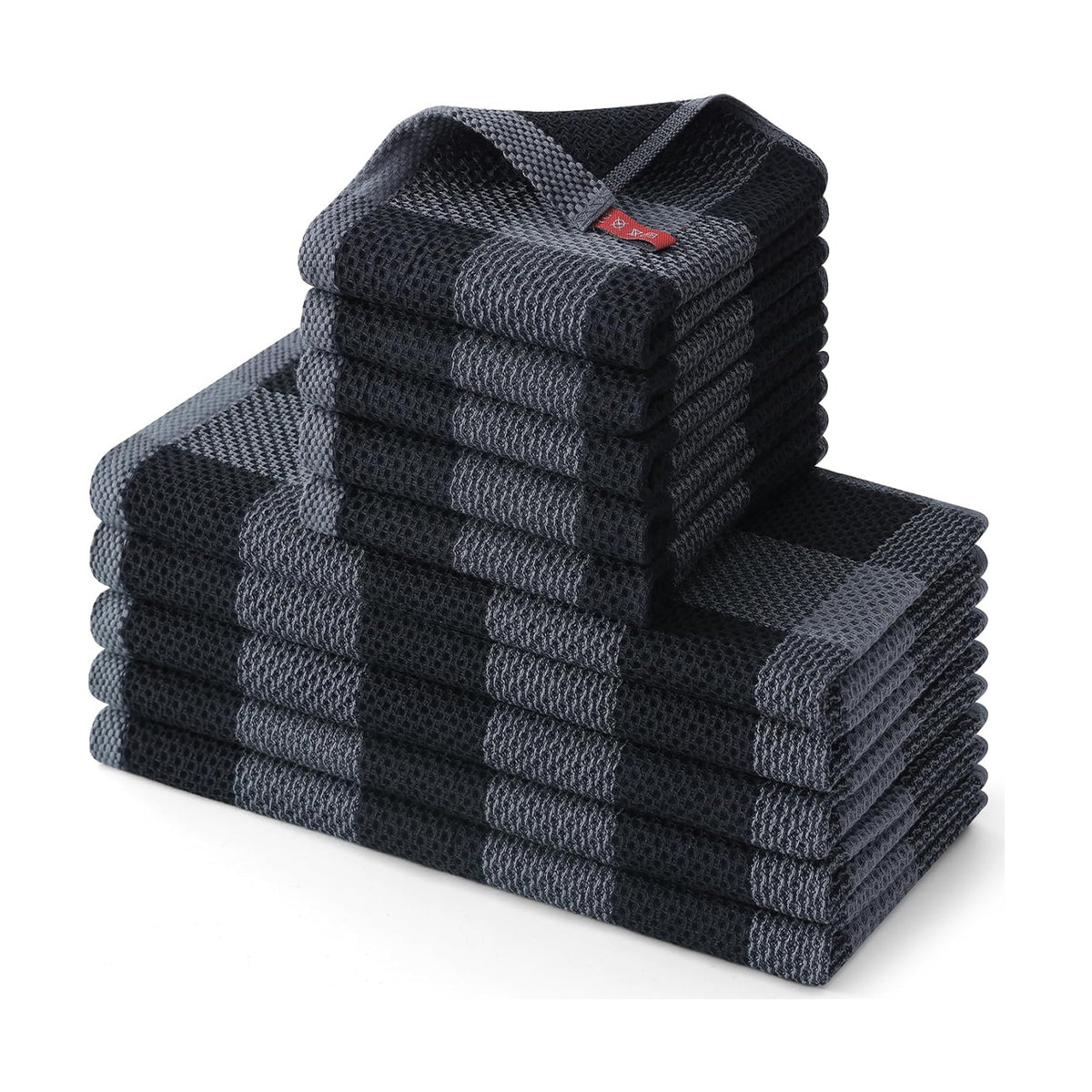 Homaxy Kitchen Towels and Dishcloths Set, Set of 10, Black & Grey | Bulk Cotton Waffle Weave Check Plaid Kitchen