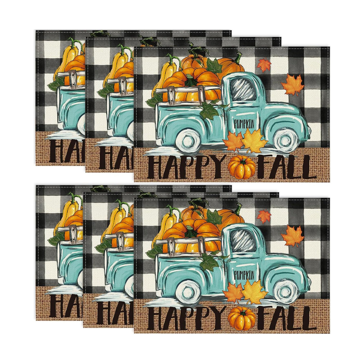 Niviy Buffalo Plaid Check Pumpkins Truck Fall Placemats Set of 6, 12x18 Inch Autumn Thanksgiving Table Mats for Holiday Party Kitchen Dining Room Decoration
