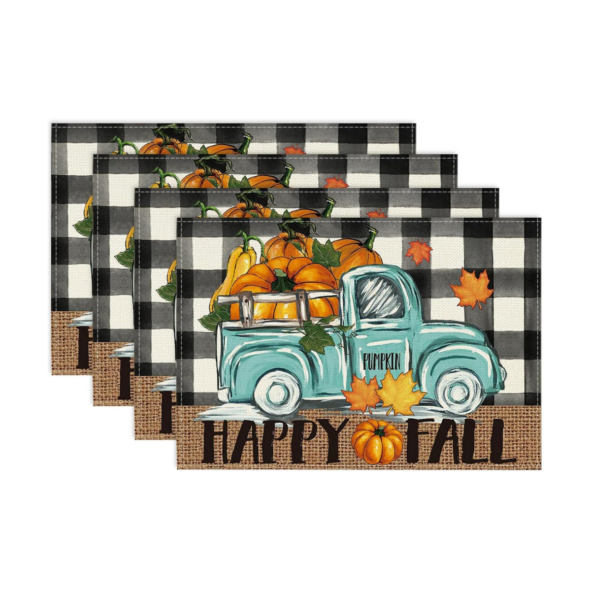 Niviy Buffalo Plaid Check Pumpkins Truck Thanksgiving Fall Placemats Set of 4, 12x18 Inch Autumn Table Mats for Holiday Party Kitchen Dining Room Decoration