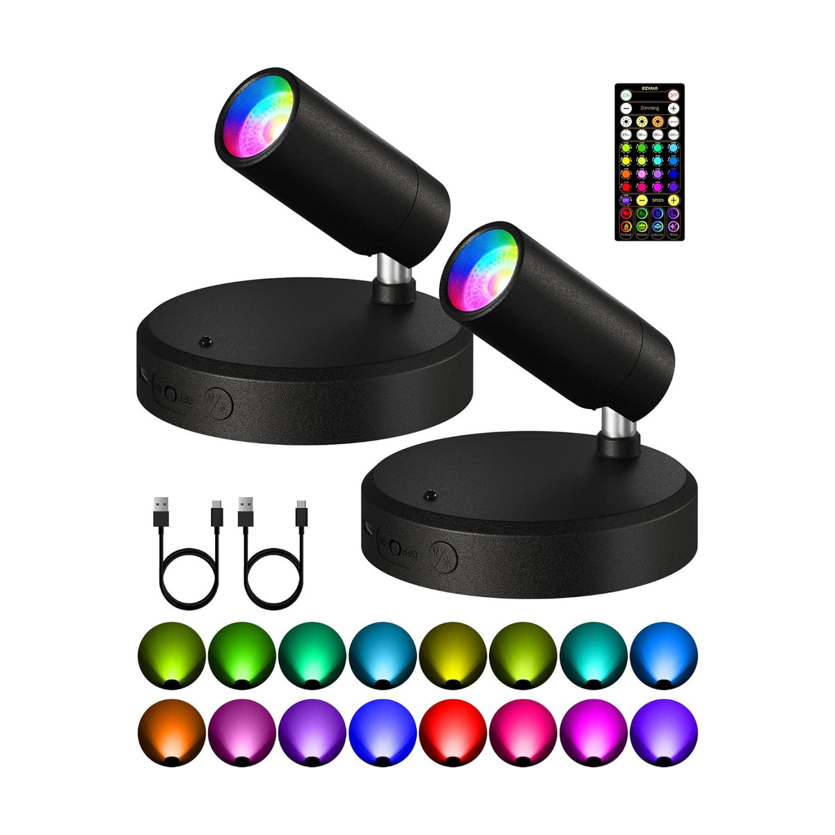 EZVALO RGB Indoor Spotlights, Accent Lights, Plant Uplights | 5000mAh Rechargeable, Color Changing, DIY Mode, Wireless