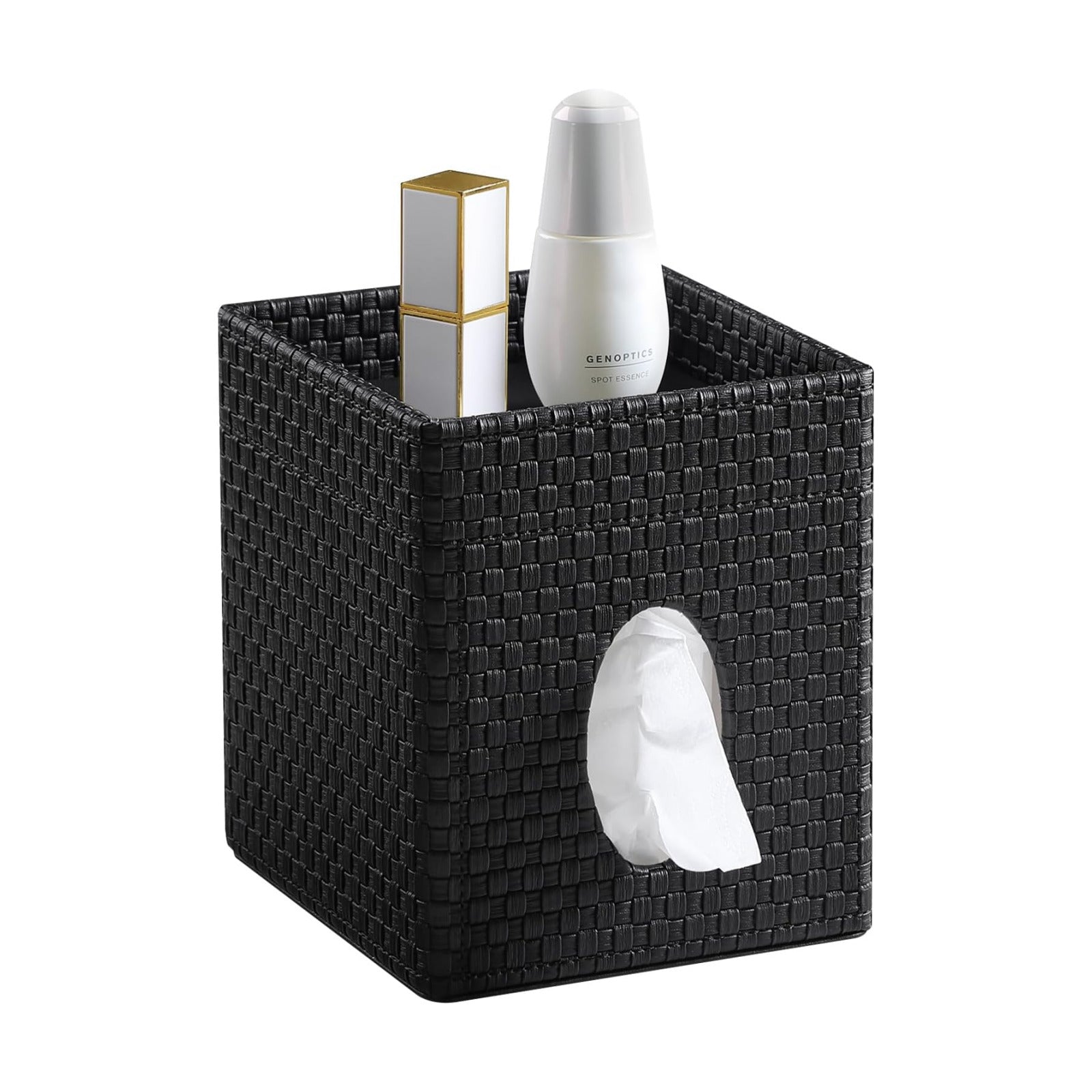 Storage Tray / Square Tissue Box Cover / Black Woven Pattern