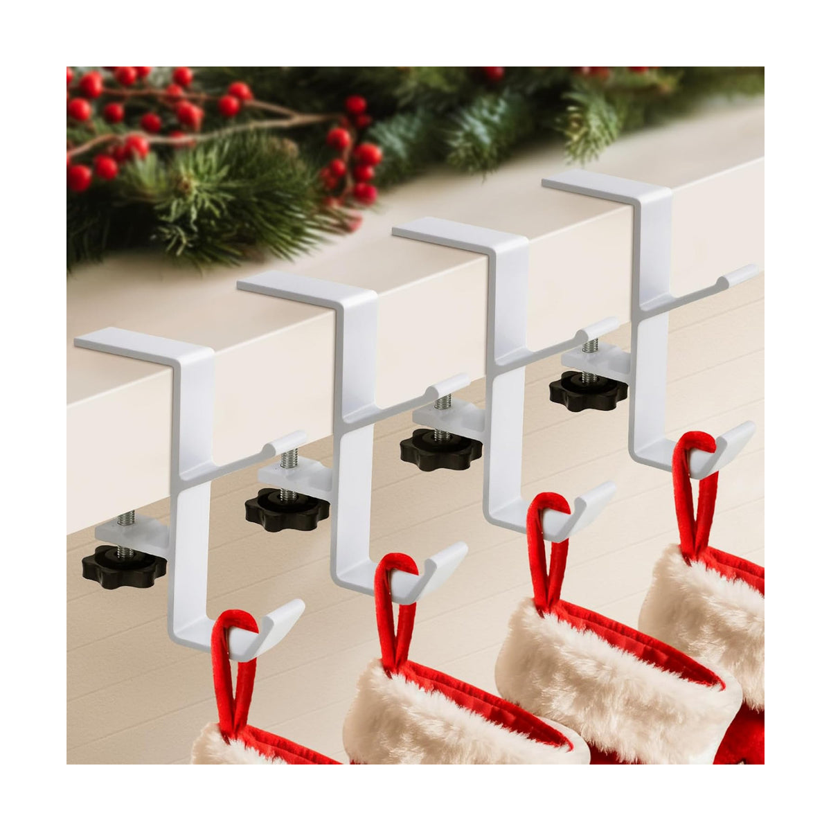 4 Pack Stocking Holders for Mantle for Christmas Decorations,2 in 1 Mantle Garland Holder for Hanging Christmas Stockings,No Drilling Required & Adjustable Garland Hanger, Metal(White)