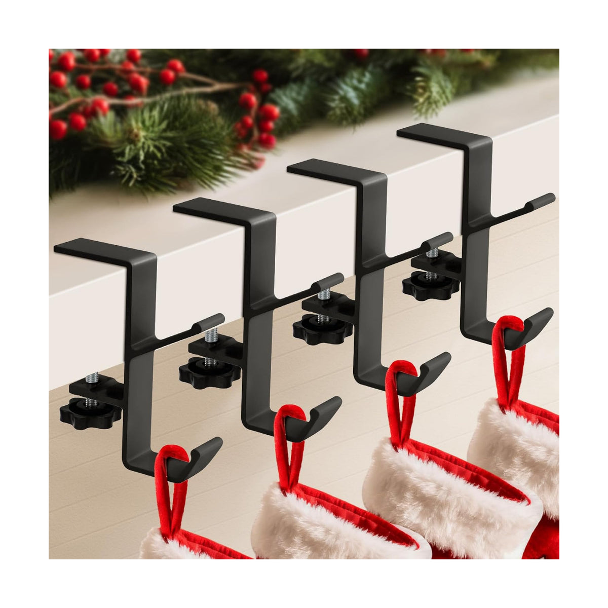 4 Pack Stocking Holders for Mantle for Christmas Decorations,2 in 1 Mantle Garland Holder for Hanging Christmas Stockings,No Drilling Required & Adjustable Garland Hanger, Metal(Black)