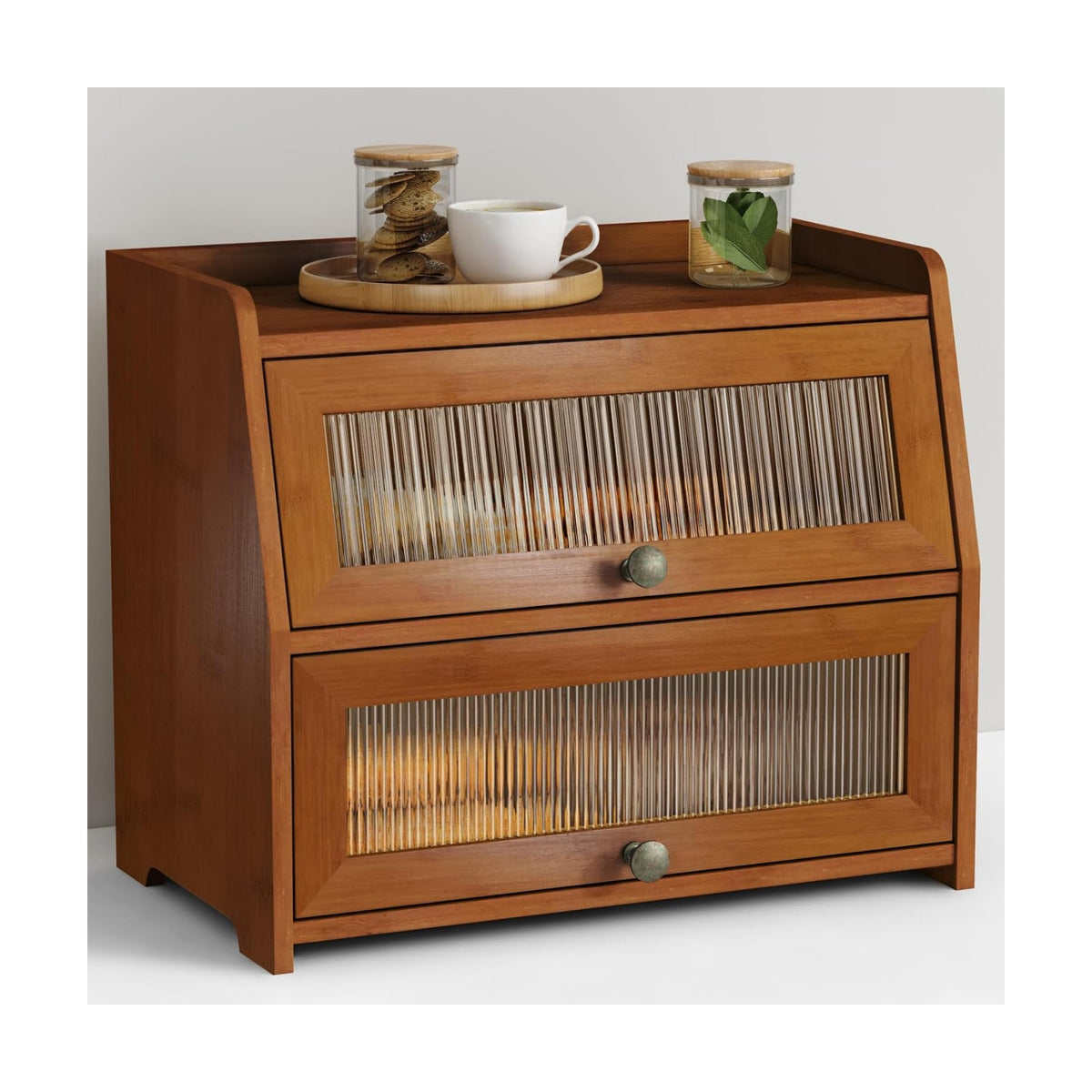 Goozii Wooden Bread Box for Kitchen Countertop, Dark Wood Bread Storage Container for Homemade Bread, 2 Tier Roll Top