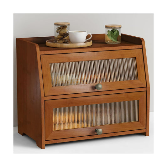 Goozii Wooden Bread Box for Kitchen Countertop, Dark Wood Bread Storage Container for Homemade Bread, 2 Tier Roll Top