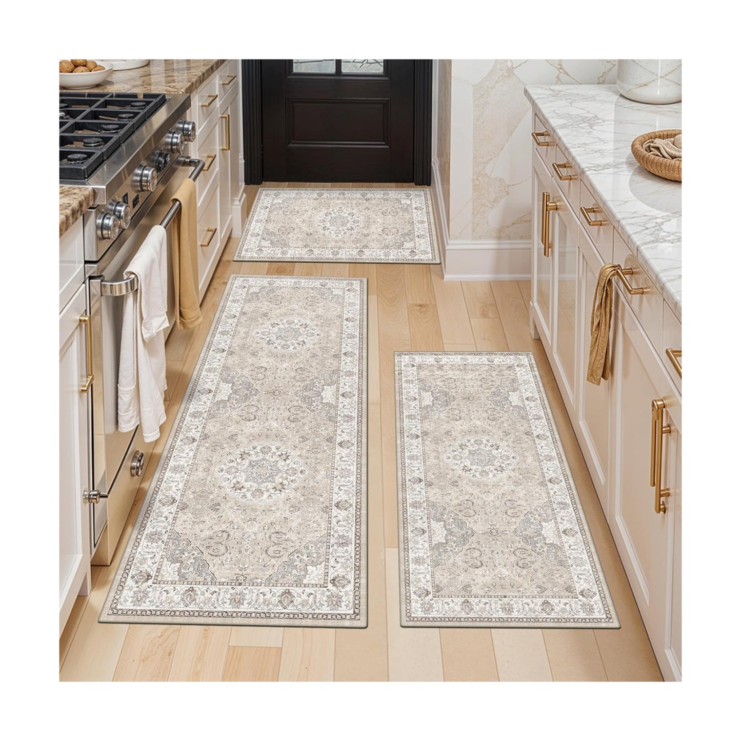 Washable Kitchen Rug Set of 3: Boho Non-slip Soft Stove Sink Mat Light Weight Stain Resistant Carpet for Dog Bowl Area