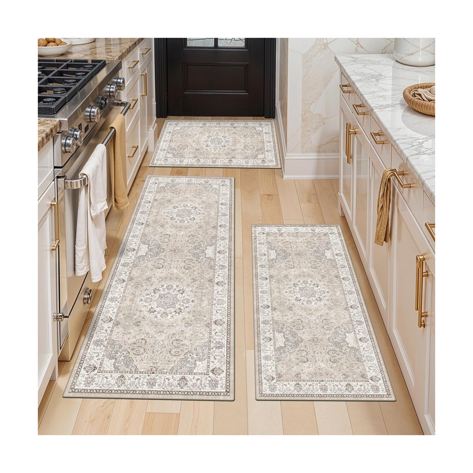 Washable Kitchen Rug Set of 3: Boho Non-slip Soft Stove Sink Mat Light Weight Stain Resistant Carpet for Dog Bowl Area