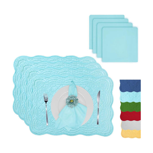 8-Piece Quilted Cotton Placemats with Napkins, Aqua Blue | 4 quilted 13 x 19-inch cotton placemats, 4 matching 18 x