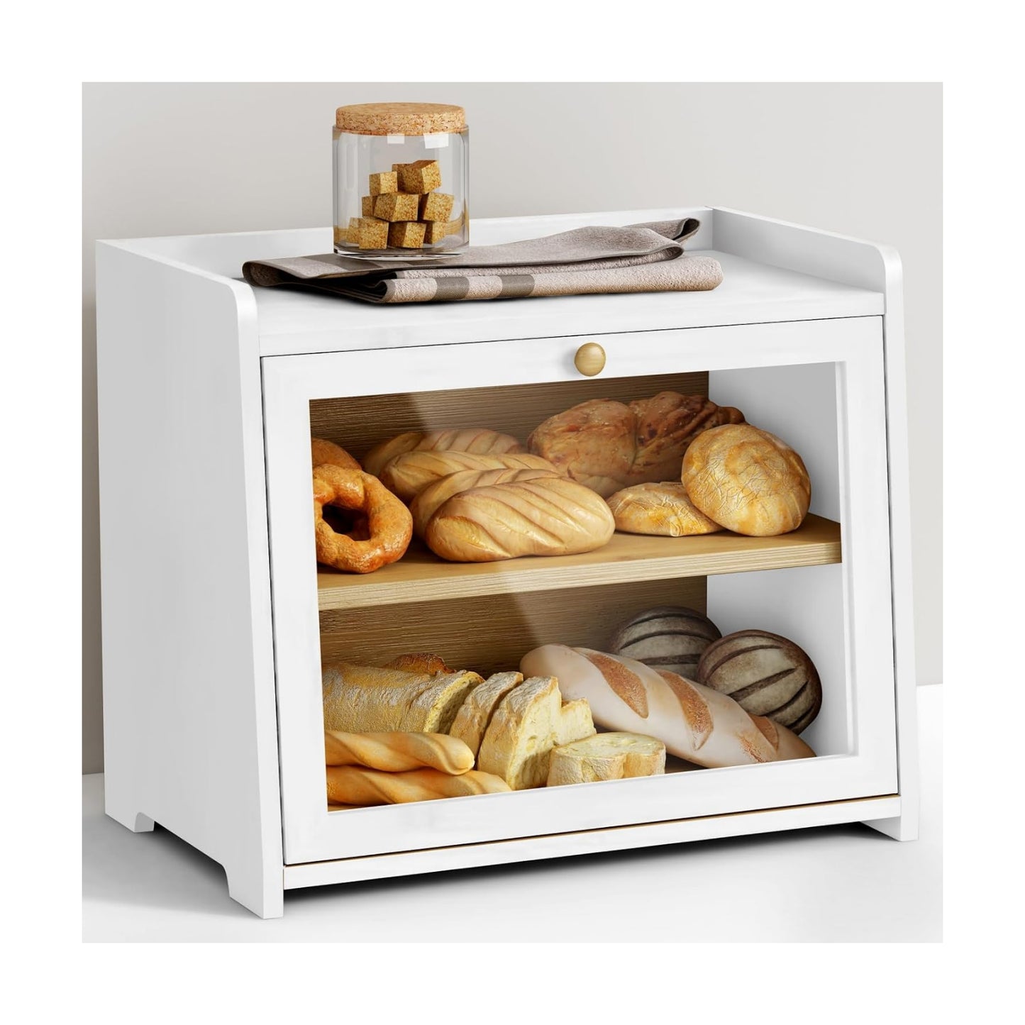 Goozii White Double Layer Bread Box for Kitchen Countertop, 2 Tier Counter Breadbox for Homemade Bread, Large Bread