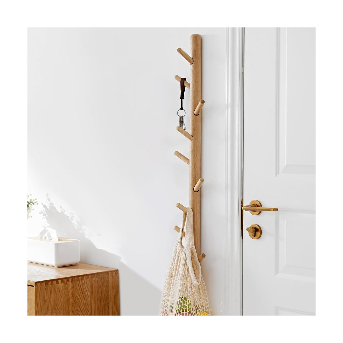 Vertical Coat Rack Wall Mounted - Height 36 Inches, Oak Wood Vertical Hat Rack for Wall with 9 Hooks, Modern Coat Rack