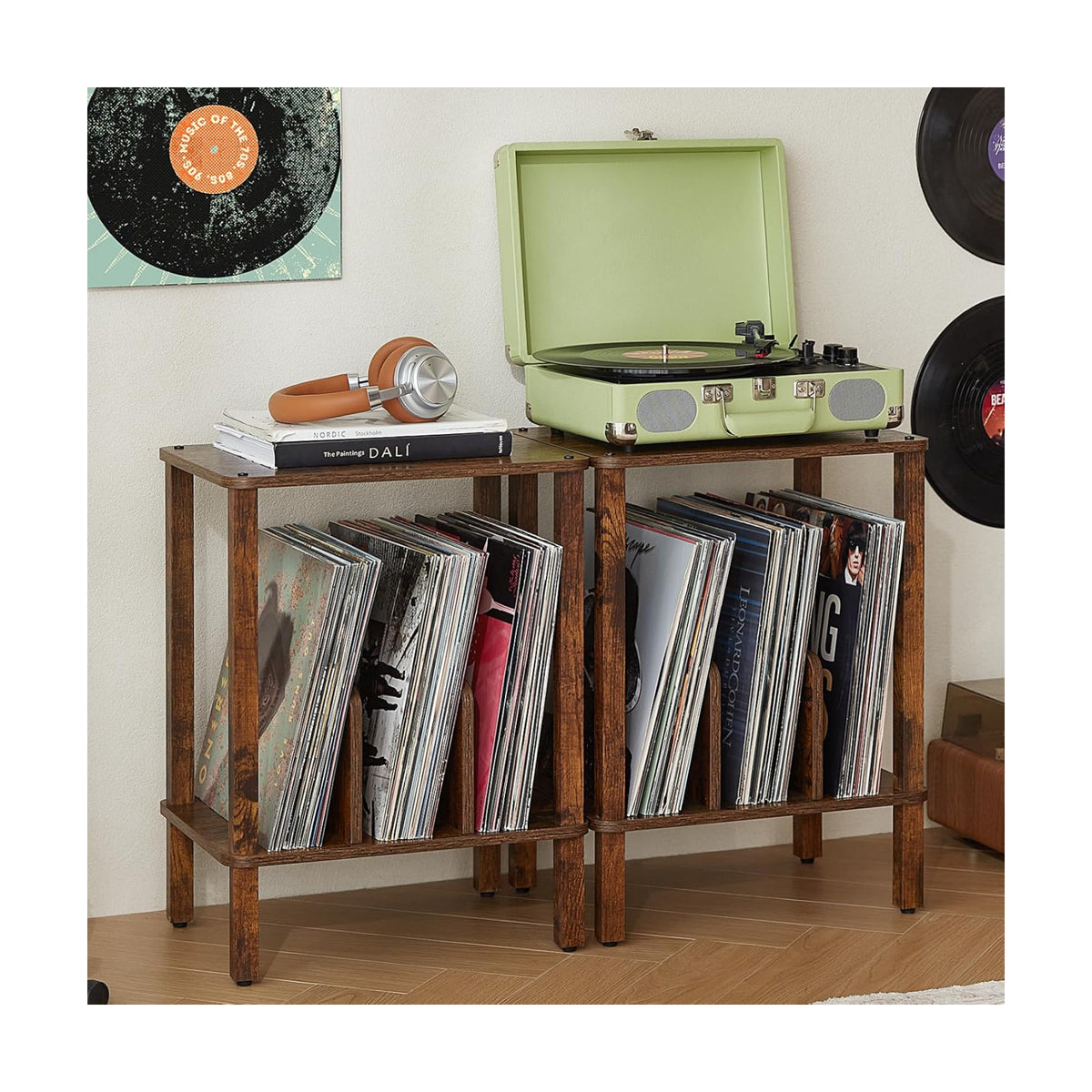 2-Tier Record Player Stand Set of 2 for Vinyl Storage End Table | Small Vinyl Record Storage Holds up to 100 Albums
