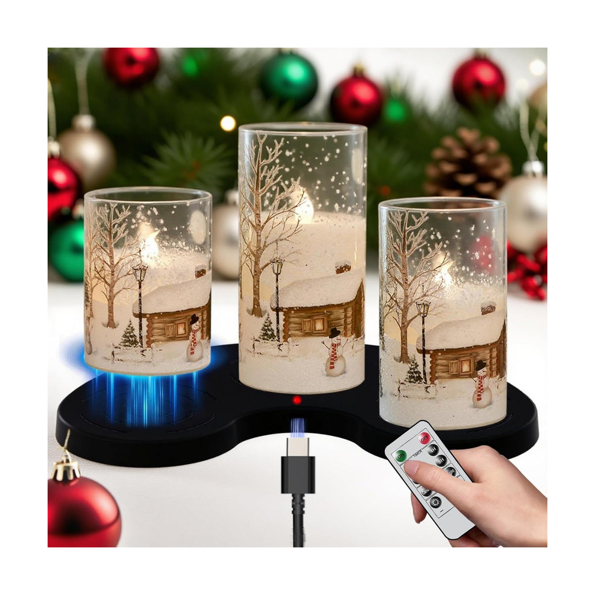 Snowman Glass Flameless Candles Rechargeable Battery Operated | Remote and Timer LED Pillar Candles Flickering, Cold