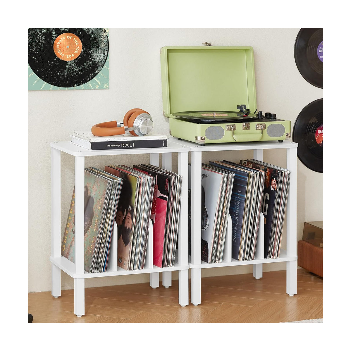 2-Tier Record Player Stand Set of 2 for Vinyl Storage End Table | Small Vinyl Record Storage Holds up to 100 Albums