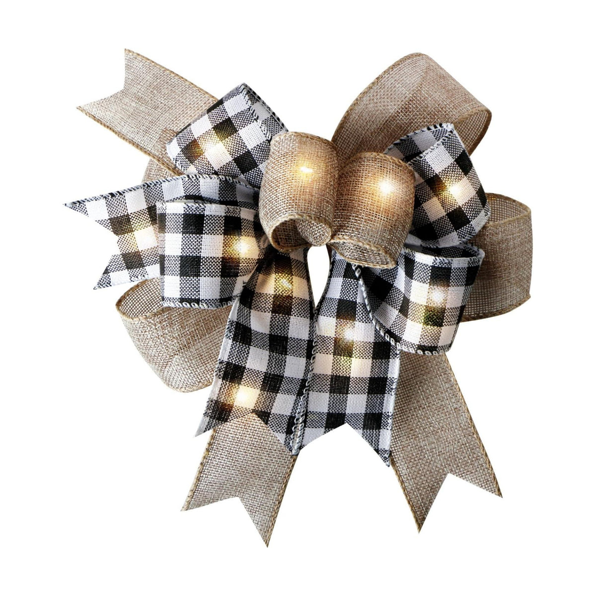LED Christmas Buffalo Plaid Bow Rustic Burlap Black White Wreath Bow with LED Lights for Holiday Decorations (9.5 x 13 inch)