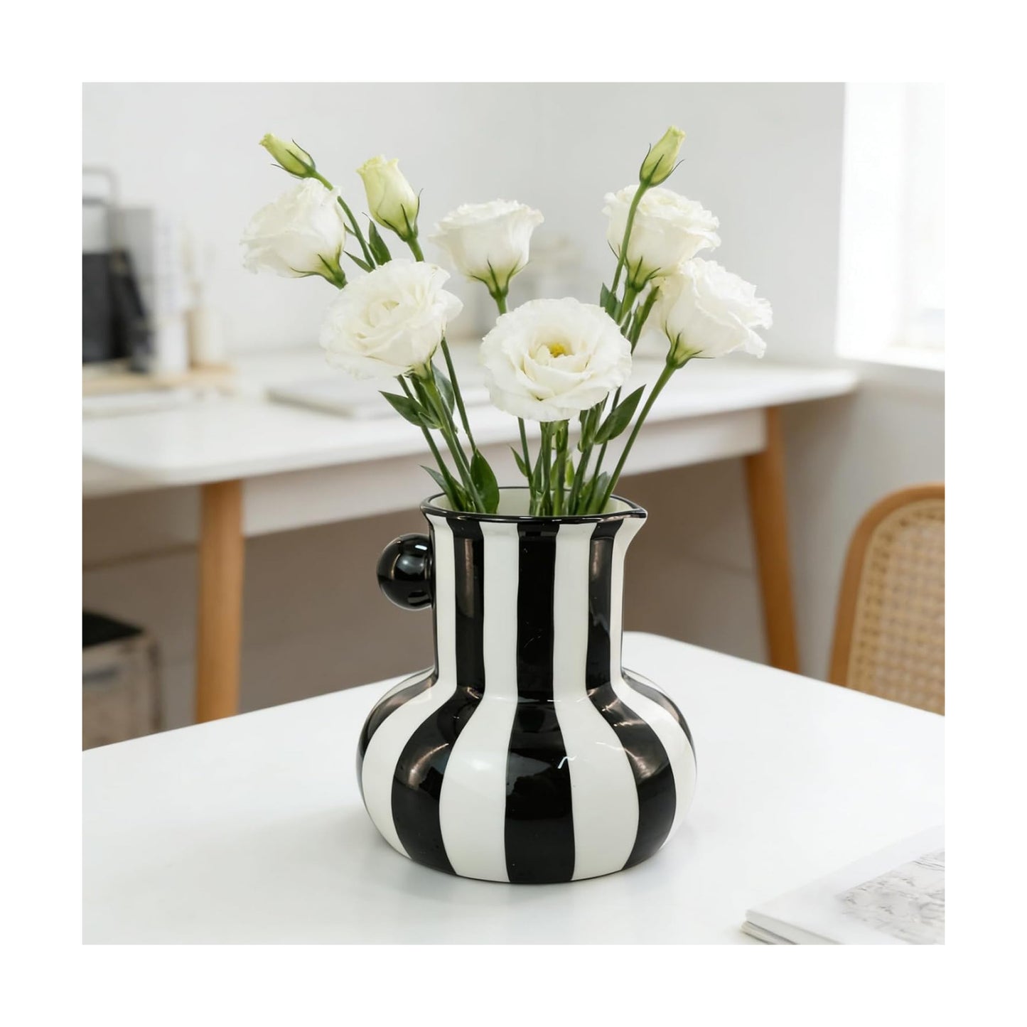 White Striped Ceramic Vase / Black