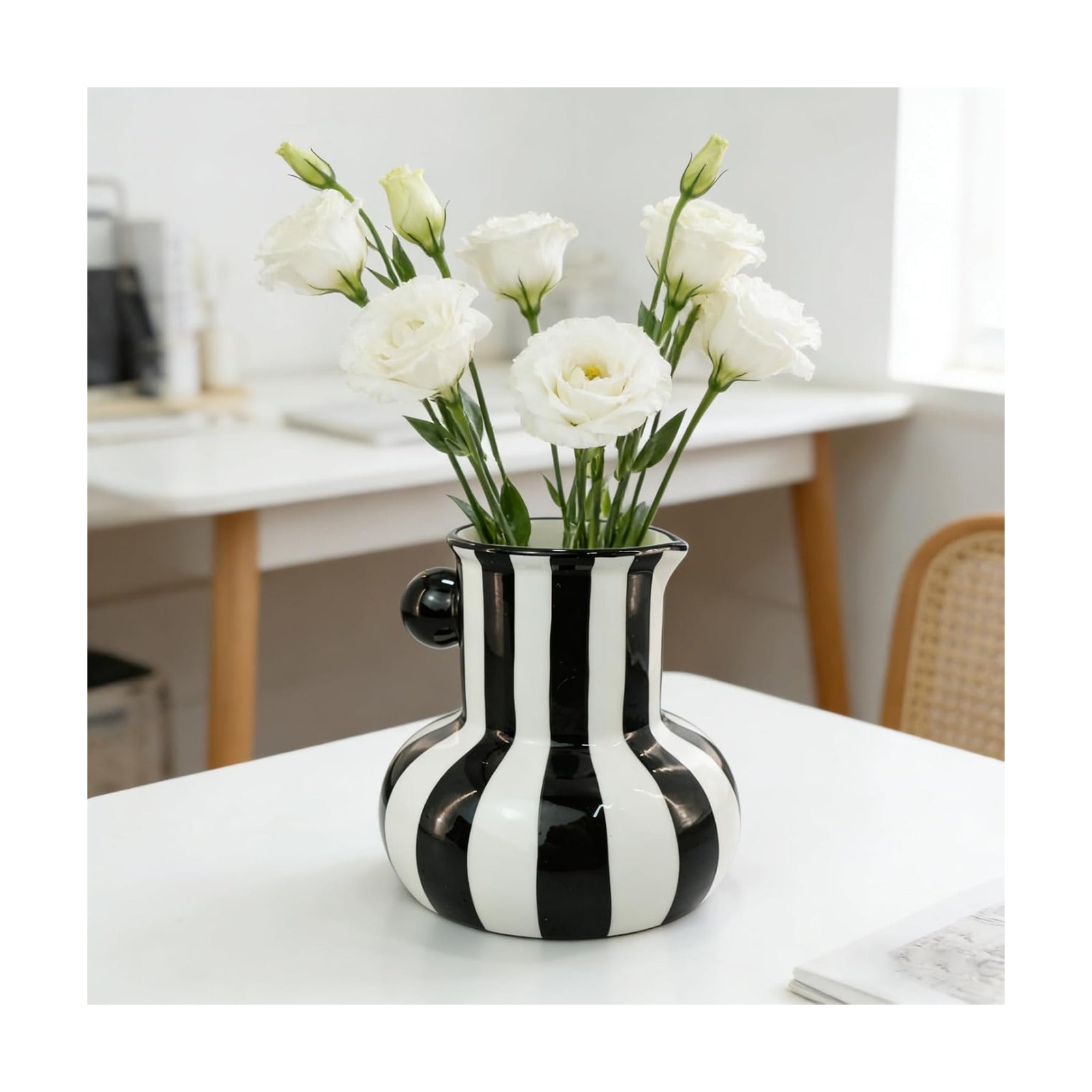 White Striped Ceramic Vase / Black