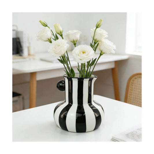 White Striped Ceramic Vase / Black