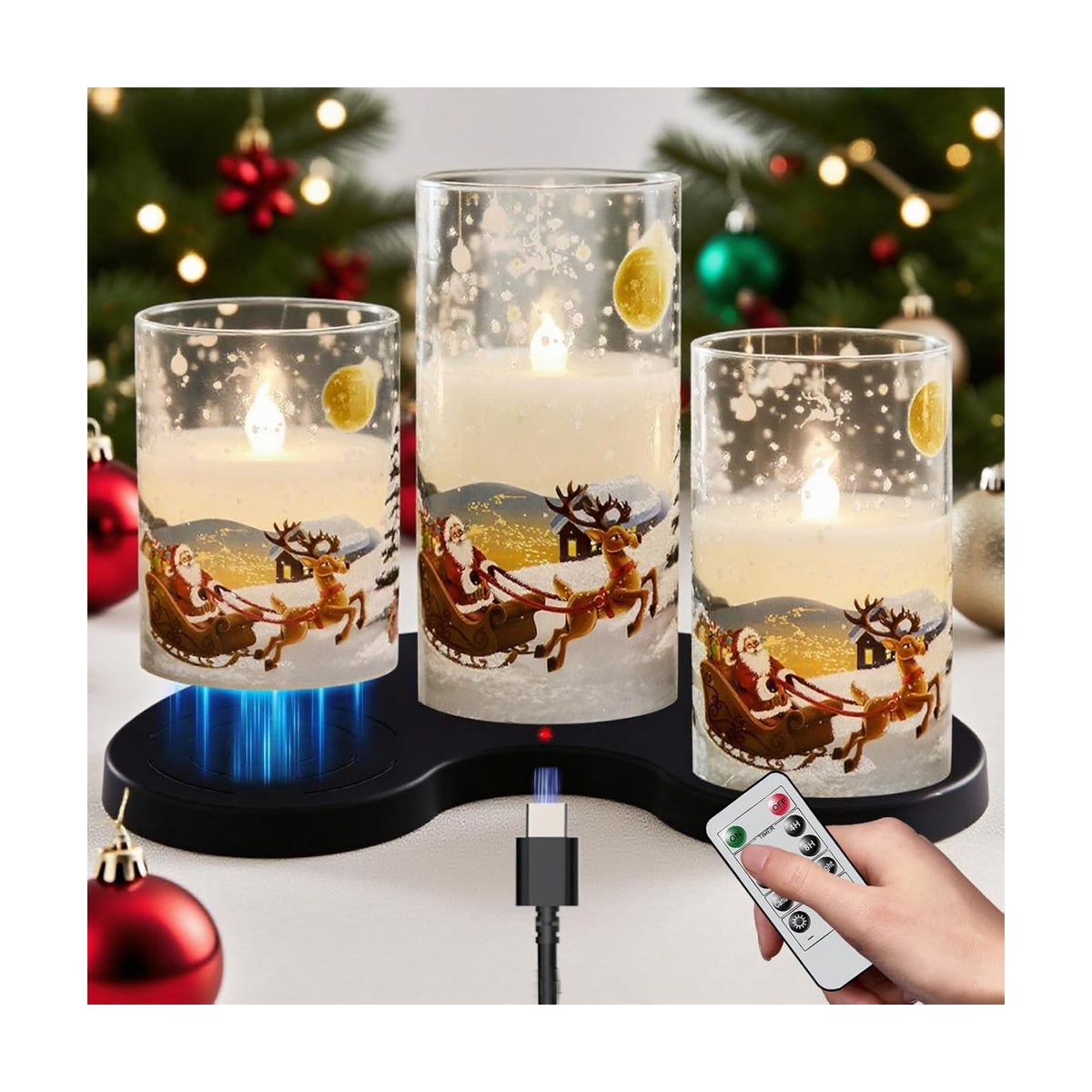 Santa Claus Glass Flameless Candles Rechargeable Battery Operated | Remote and Timer LED Pillar Candles Flickering