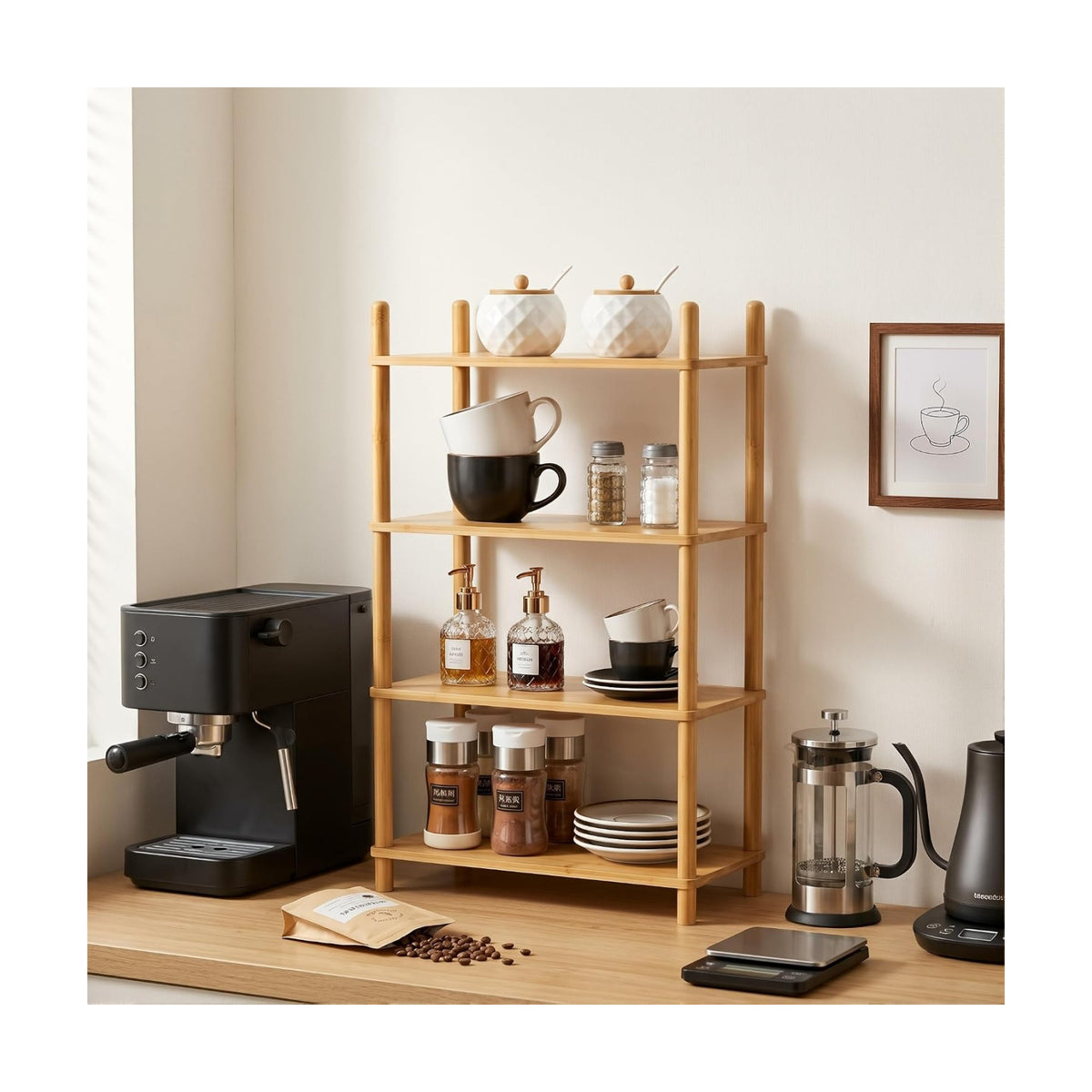 4-Tier Bamboo Coffee Bar Organizer,Coffee Bar Accessories, Mul-tifunctional Wooden Beaded Coffee Station Countertop