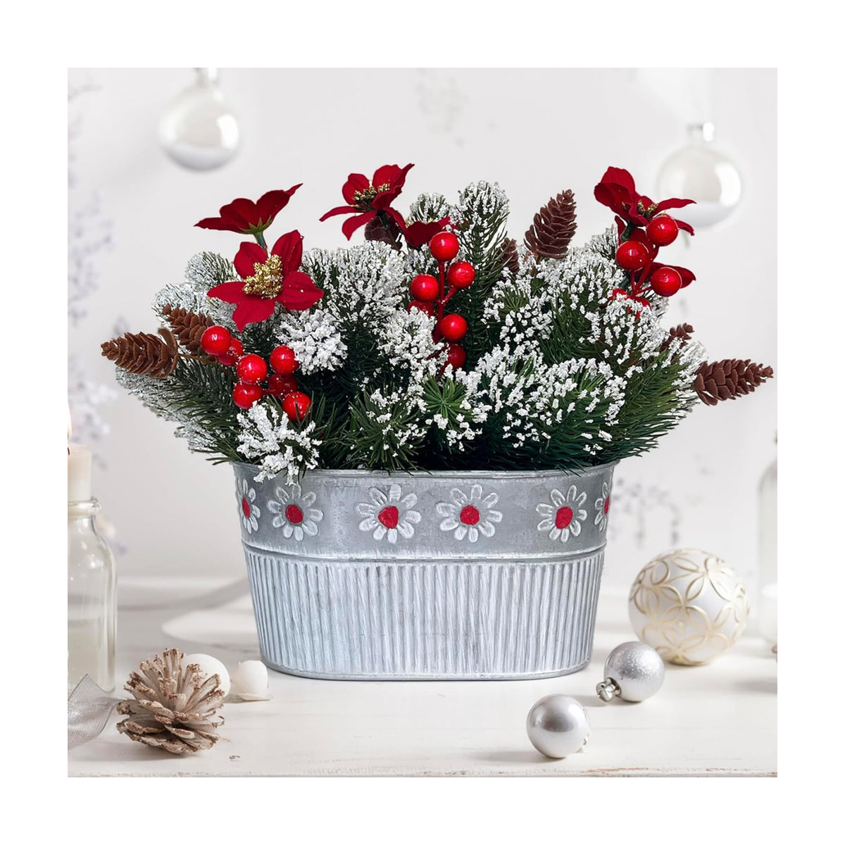 Christmas Centerpiece Table Decorations Artificial Norfolk Pine Branches with Poinsettia Flowers, Pine Cones & Berries in Metal Planter – Xmas Flower Arrangement for Christmas Décor & Dining Table