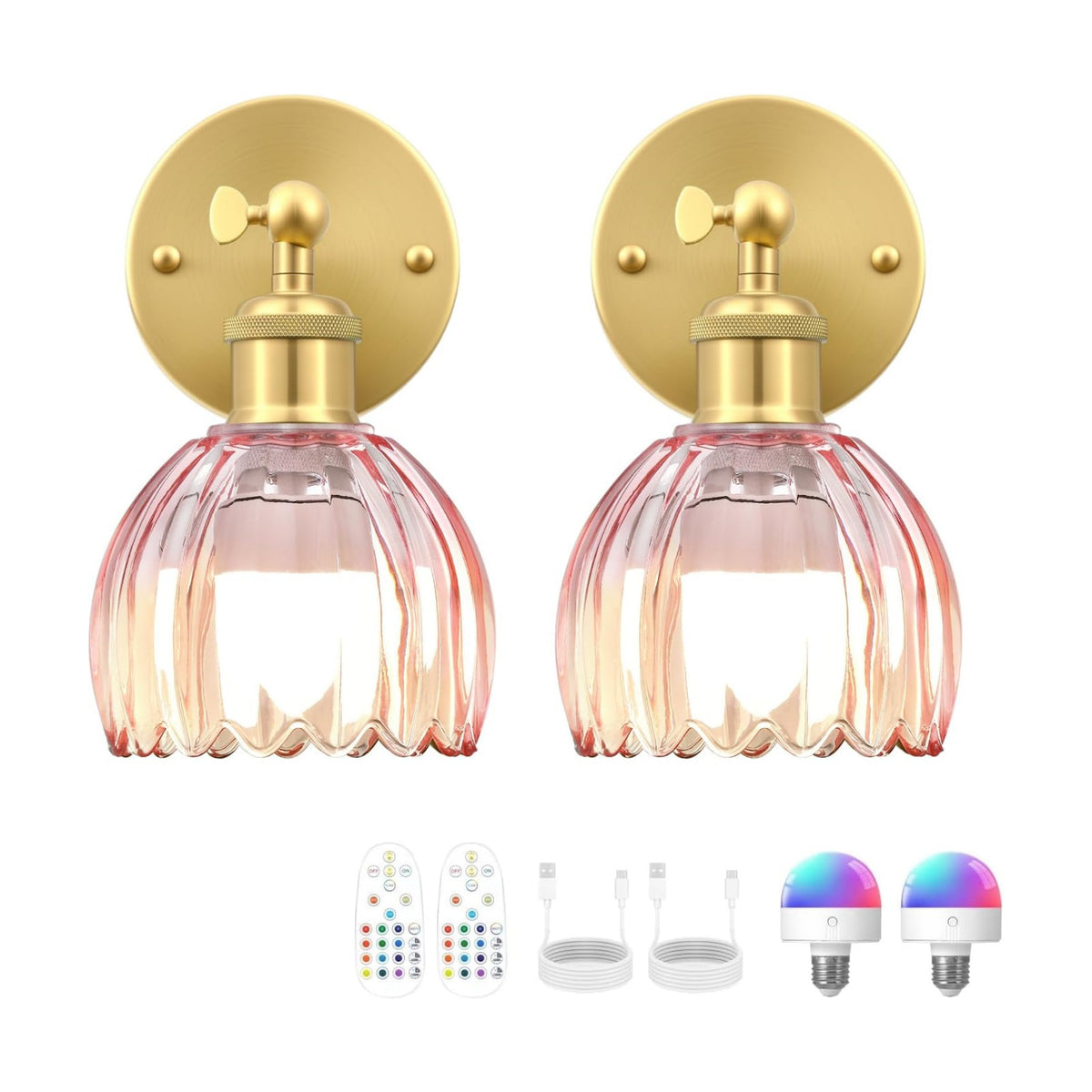 Vintage Battery Operated Wall Sconce, Pink Tulip Glass Lampshade Wireless Rechargeable Battery Powered LED Wall Light