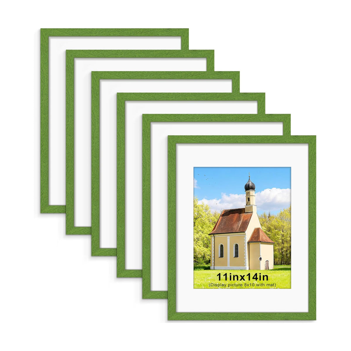 11x14 Picture Frame Set of 6, Wall or Tabletop Display, Green | Display Pictures 8x10 with Mat or 11x14 Without Mat