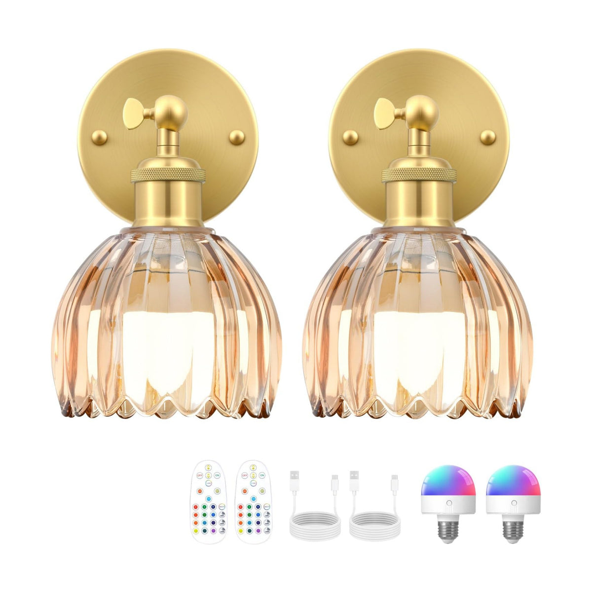 Vintage Battery Operated Wall Sconce, Amber Tulip Glass Lampshade Wireless Rechargeable Battery Powered LED Wall Light