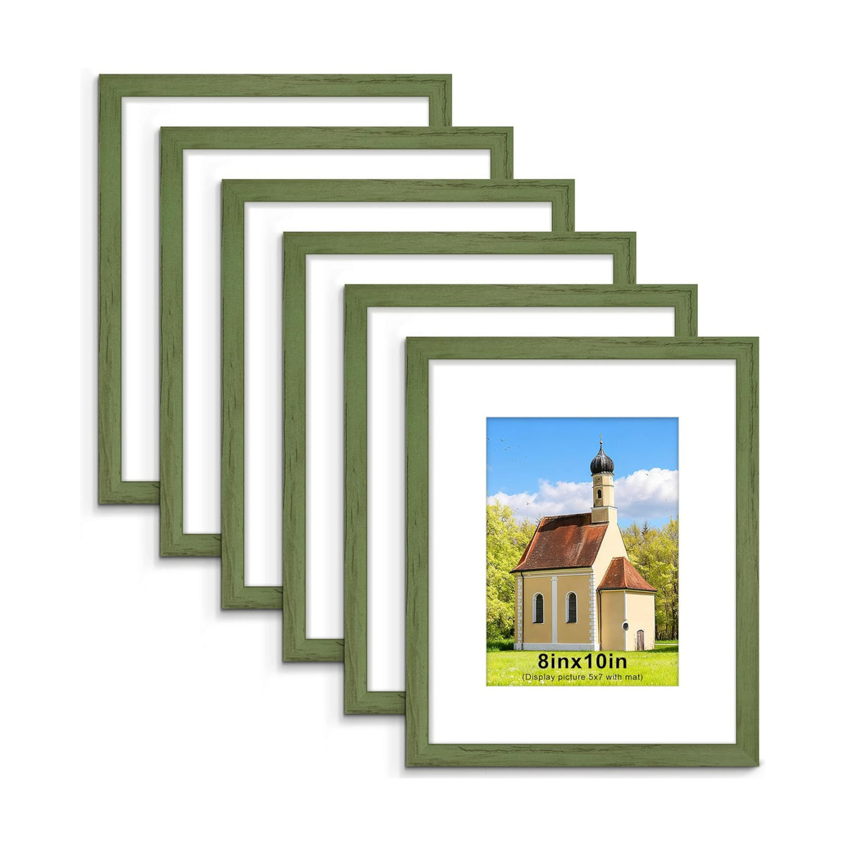8x10 Picture Frame, Wall or Tabletop Display, Green Woodgrain,6 Pack | Display Pictures 5x7 with Mat or 8x10 Without
