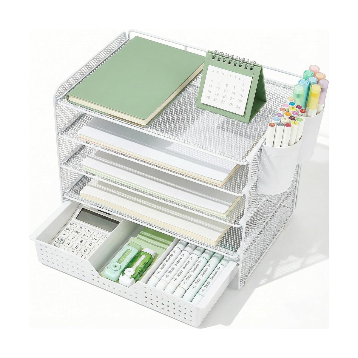 LEKETREE Desk Organizer and Accessories, 5-Tier Paper Letter Tray Organizer with Drawer & 2 Pen Holders for Desktop