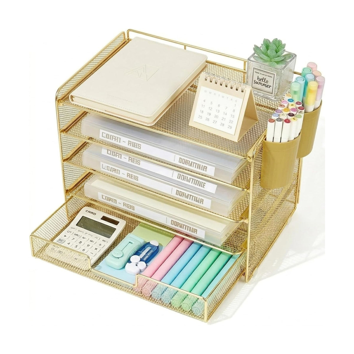 LEKETREE Desk Organizers and Accessories, 5-Tier Paper Letter Tray Organizer with Drawer & 2 Pen Holders, Desktop