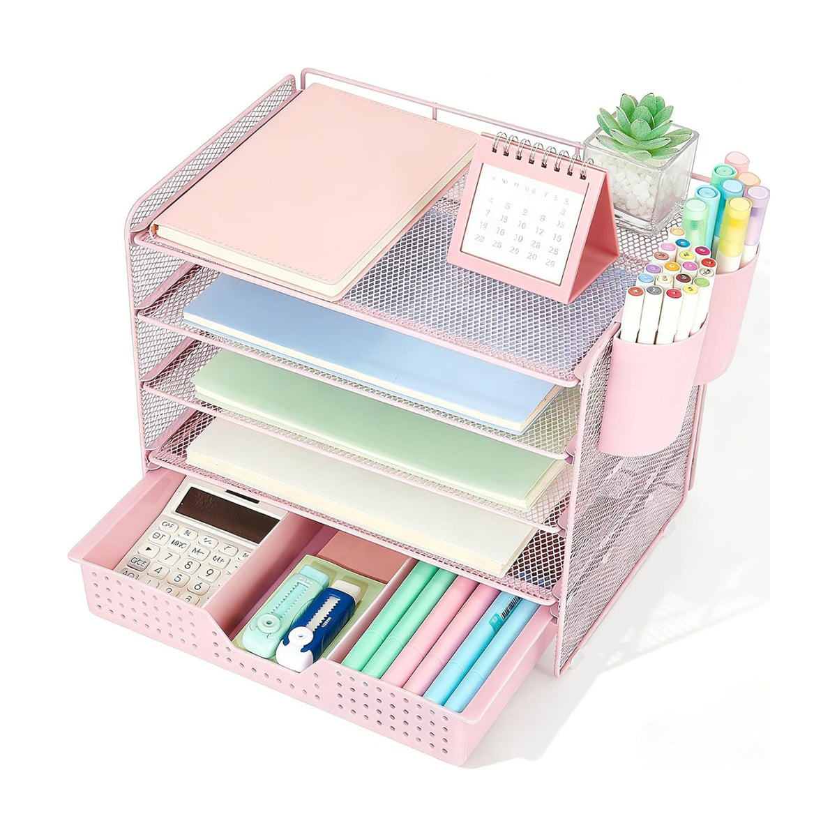 LEKETREE Desk Organizers and Accessories, 5-Tier Paper Letter Tray Organizer with Drawer & 2 Pen Holders, Desktop