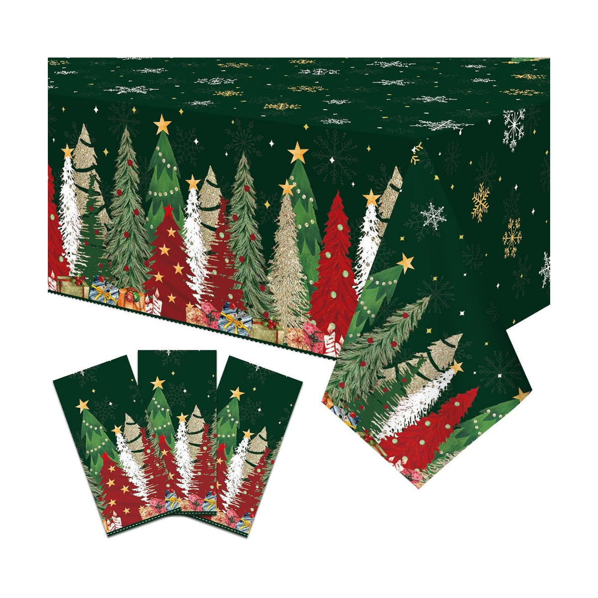 Gistome 3-Piece 54 x 108 Inch Christmas Tree Plastic Tablecloth – Festive Green Holiday Disposable Table Cover for Winter Parties, Christmas Dinners, and Indoor Outdoor Decorations