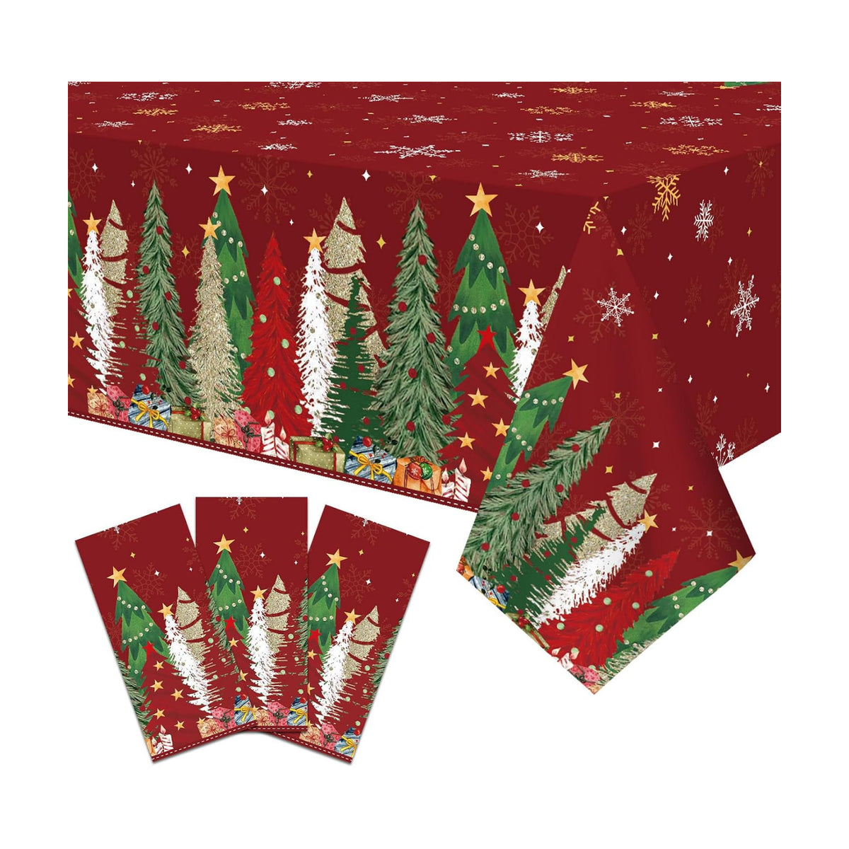 Gistome 3-Piece 54 x 108 Inch Christmas Tree Plastic Tablecloth – Holiday Disposable Red and Green Table Cover for Christmas Dinners, Winter Parties, and Indoor Outdoor Decorations