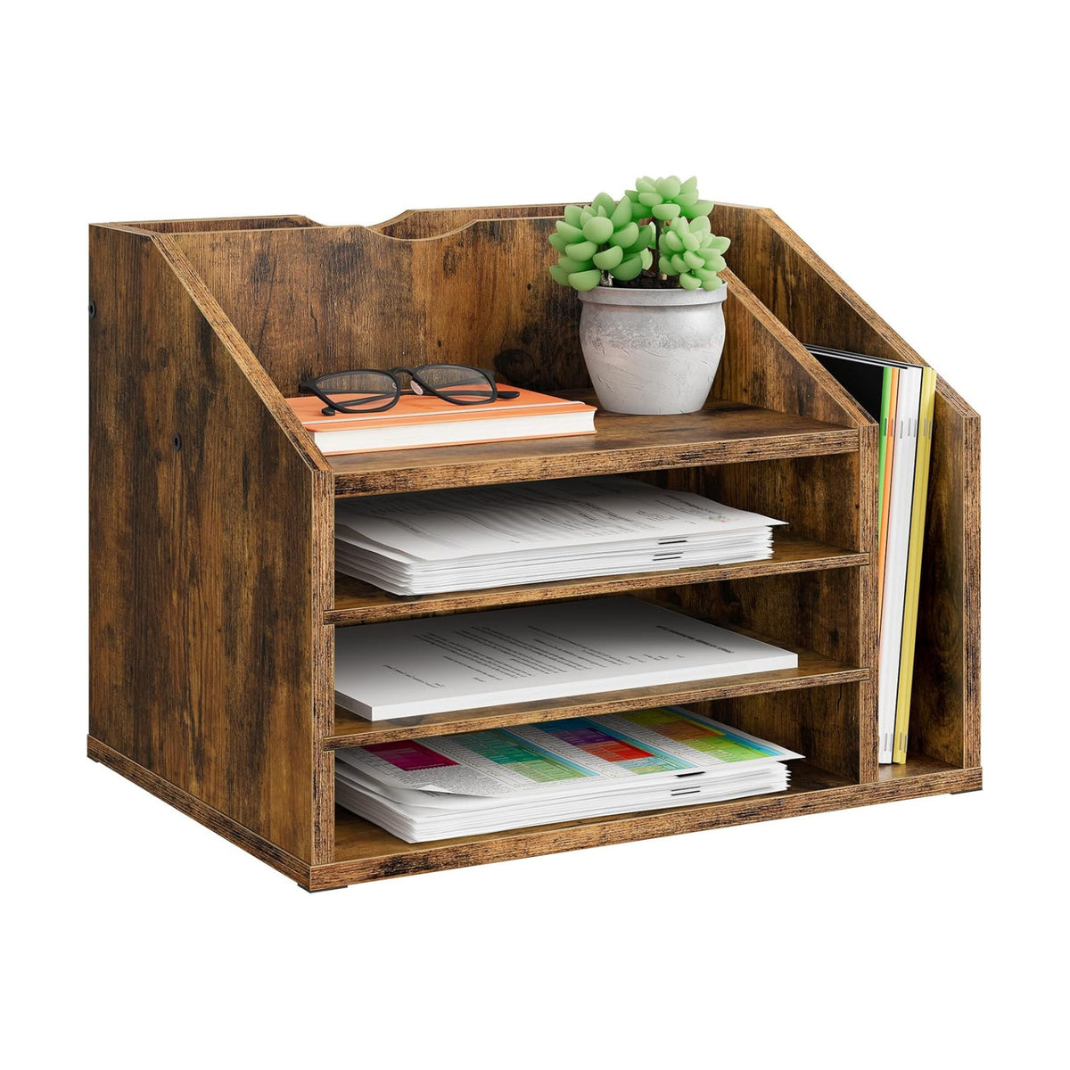 Wooden Desk Organizer with Adjustable Partitions, Multi-Layer Desktop File Holder for Home Office, Paper & Stationery