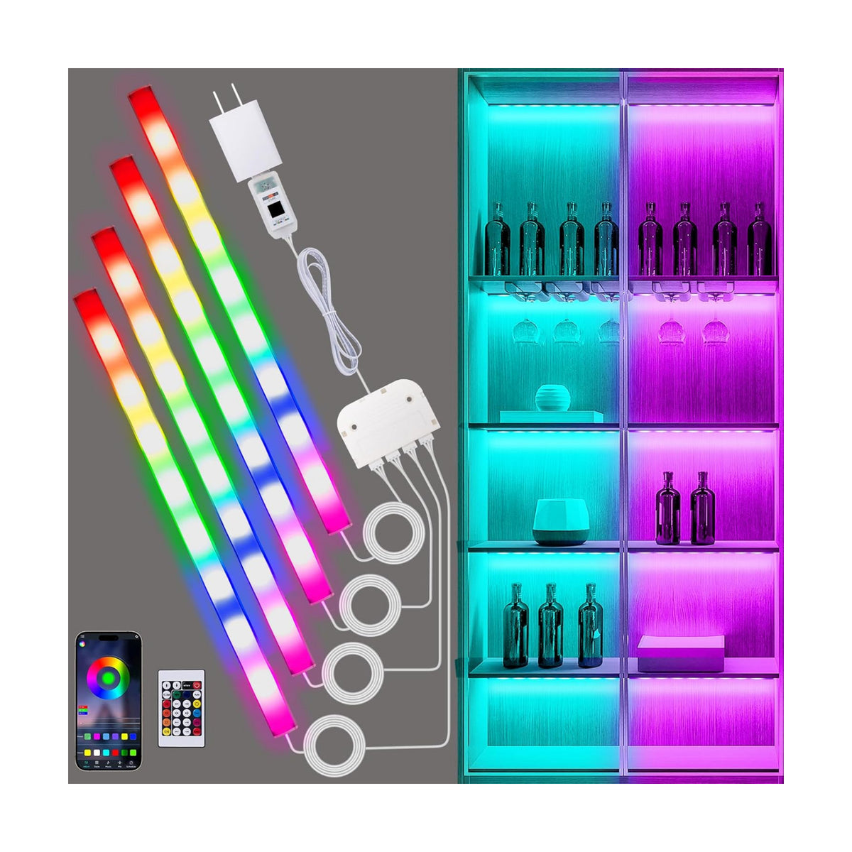 JUSJUBR RGB Shelf Lights, 4 PCS 12 Inch LED Light Bars for Night Ambient Lighting, Multiple Colors and Lighting Modes