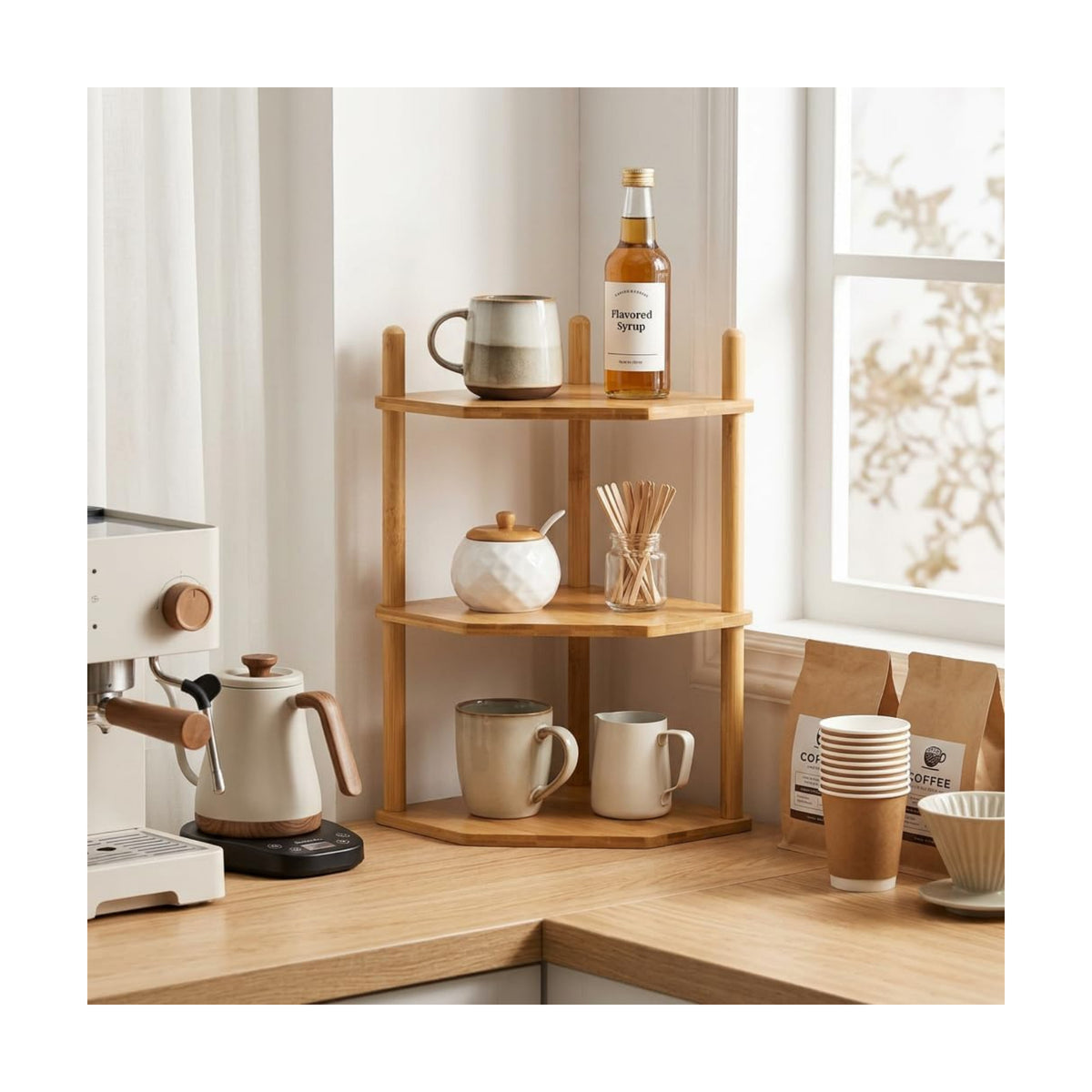 3-Tier Bamboo Corner Shelf,Kitchen Countertop Organizer,Corner Countertop Organizer Shelf, Coffee Bar Organizer,Coffee