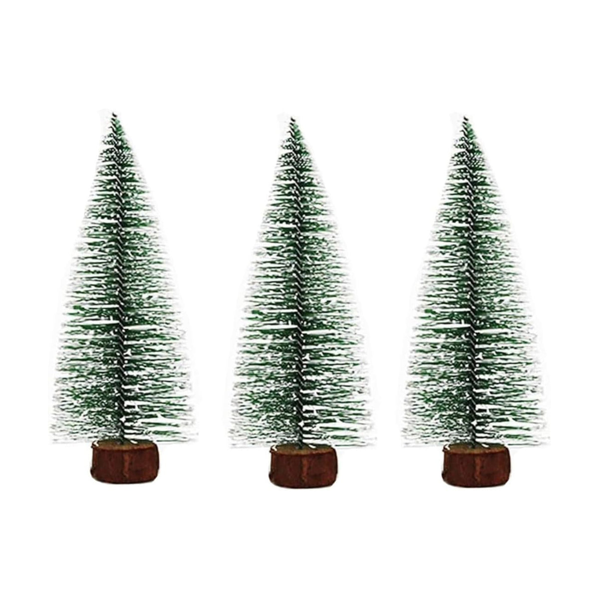 3 Pack Mini Christmas Trees with Snow & Wood Base - 4 Inch Bottle Brush Desktop Decor for Xmas, Holiday, Office, Shelf, or Tabletop - Festive Miniature Holiday Decorations Gift Set