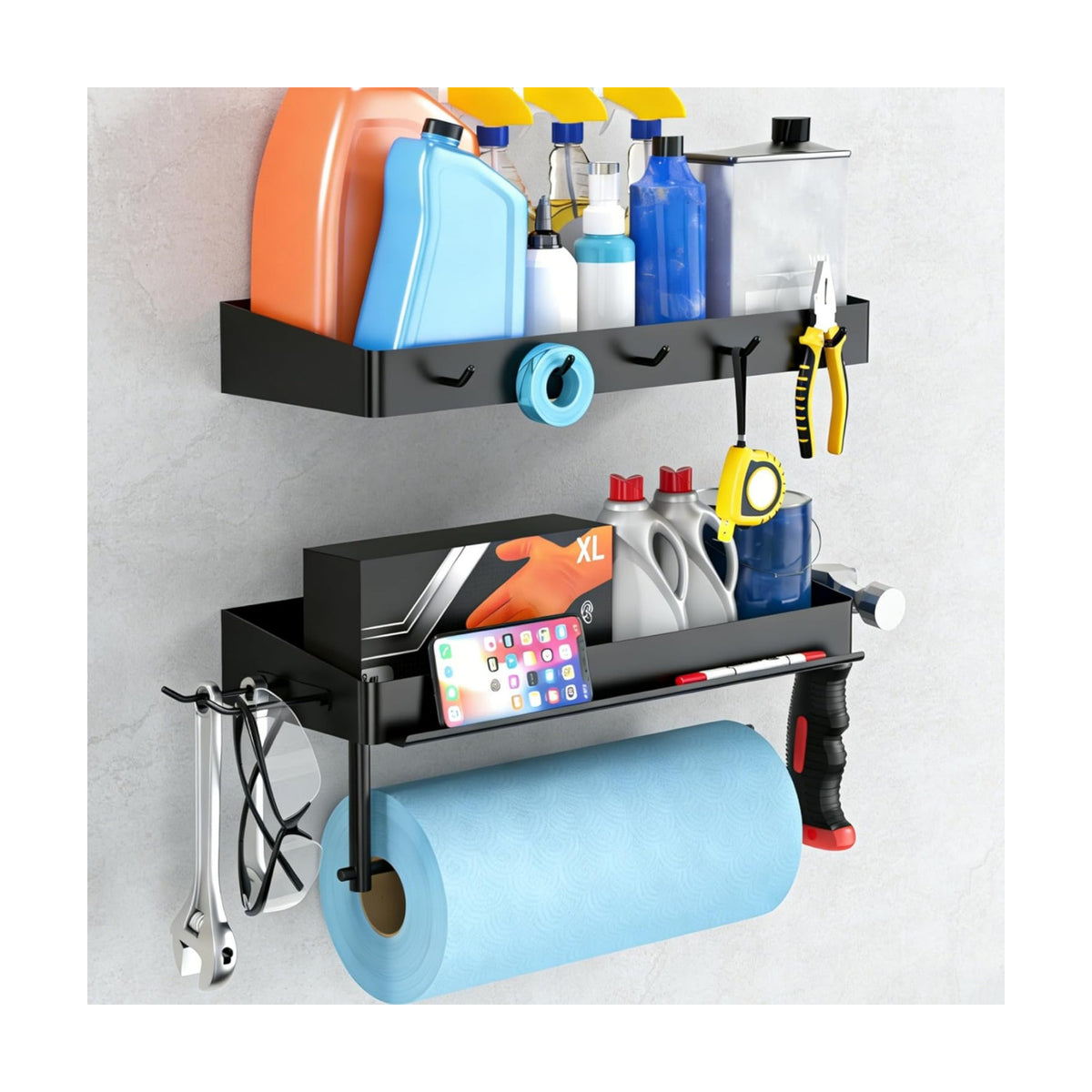 YIGII Heavy Duty Garage Paper Towel Holder with 2 Storage Shelves, Wall Mount Paper Towel Rack with Phone Holder &