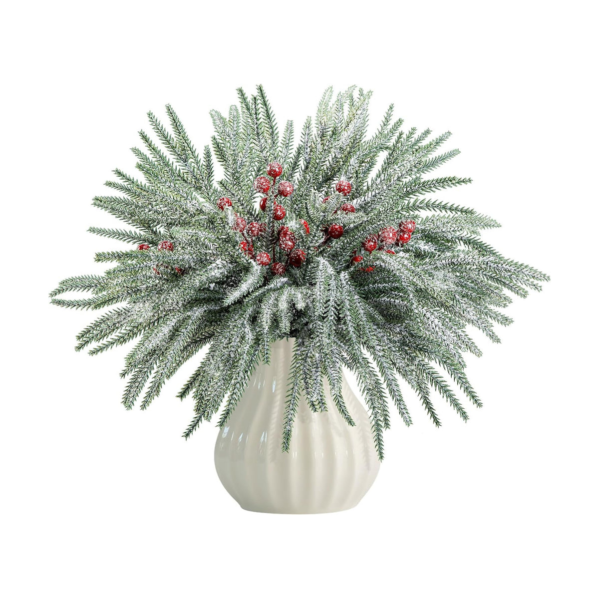 60 Pcs Christmas Snow Norfolk Pine Branches Red Berry Stems Faux Xmas Sprig