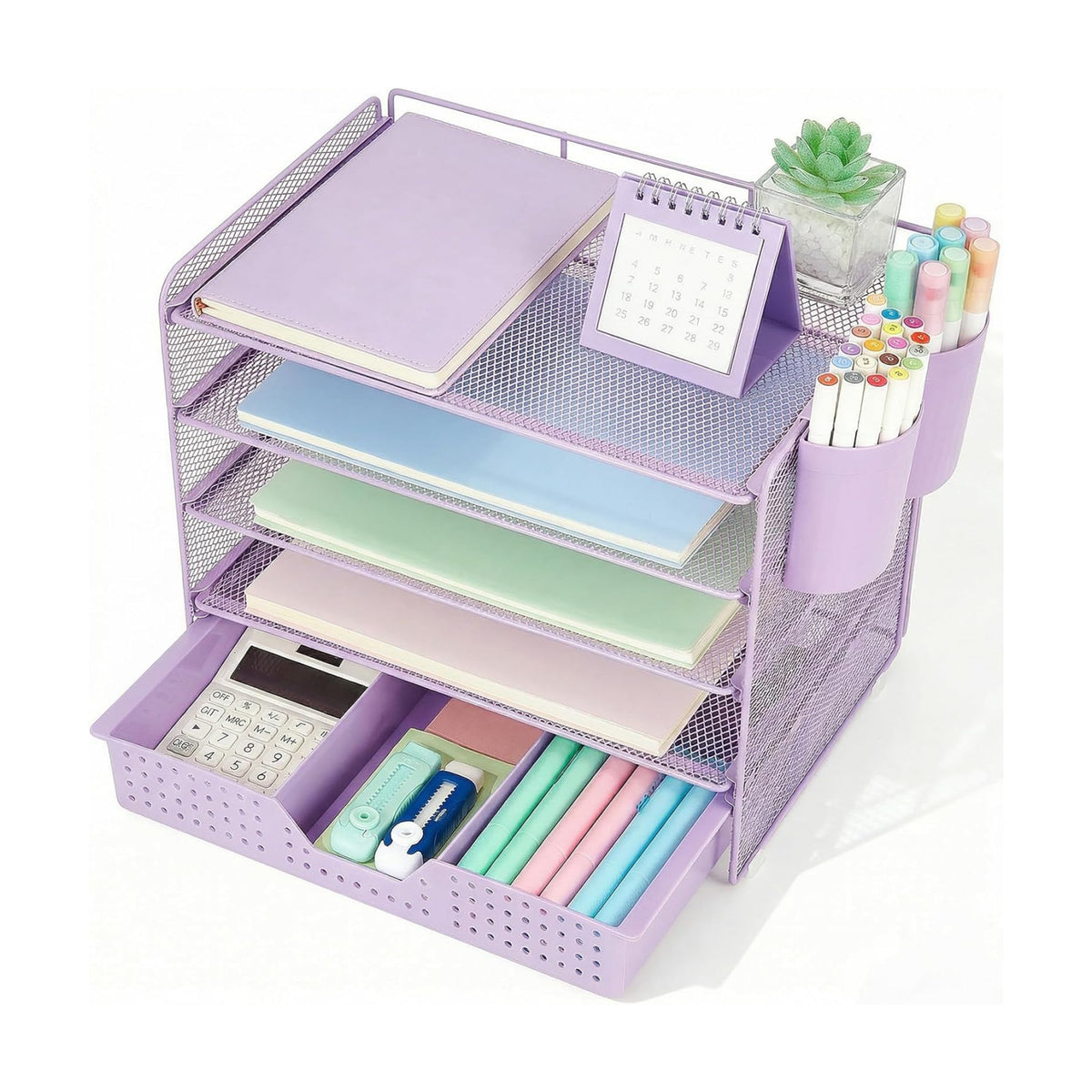 LEKETREE Desk Organizers and Accessories, 5-Tier Paper Letter Tray Organizer with Drawer & 2 Pen Holders, Desktop
