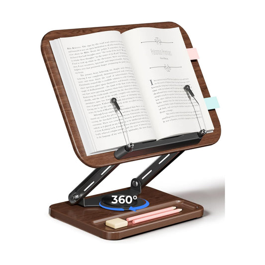 Viozon Book Stand for Reading, Book Holder 360° Rotating Base with Pen Slot, Foldable Reading Display Stand with
