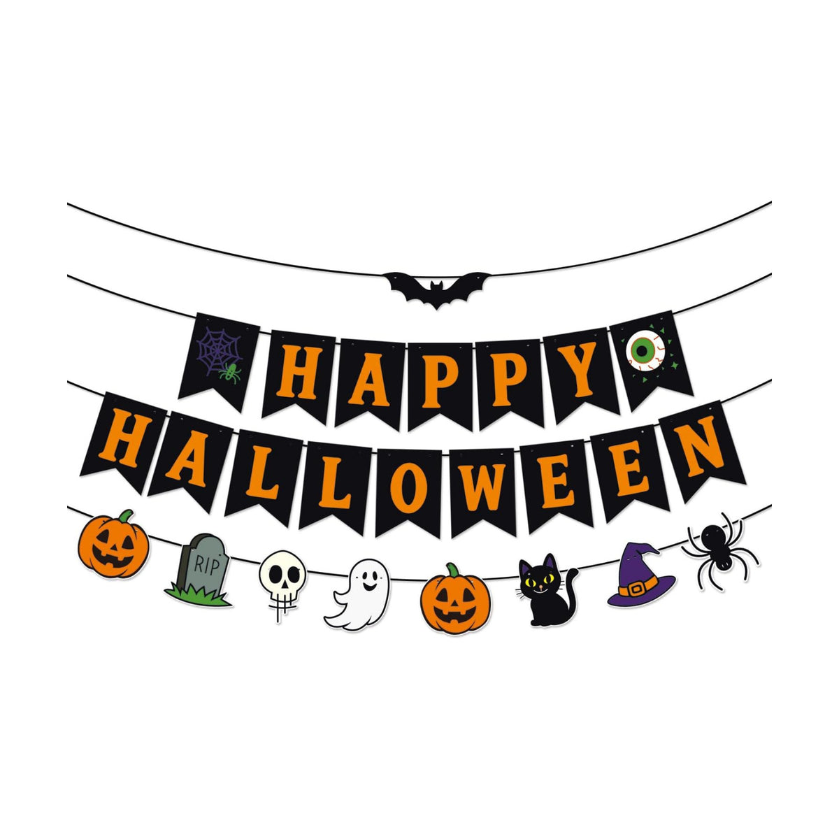 Happy Halloween Banner Garland – Black and Orange Hanging Decoration with Pumpkins, Ghost, Skull, Cat, Witch Hat, Bat, and Spider for Halloween Party, Classroom, Home, Wall, and Photo Booth Decor