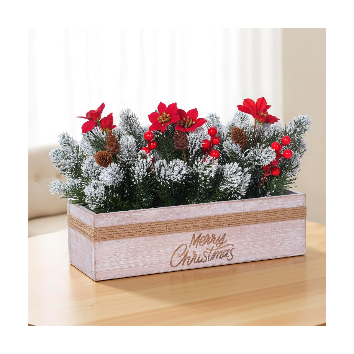 SVENJBB Christmas Table Centerpiece Decorations with Red Poinsettias, Snowy Norfolk Pine, Berries & Pine Cones in Wooden Box with “Merry-Christmas” Printing