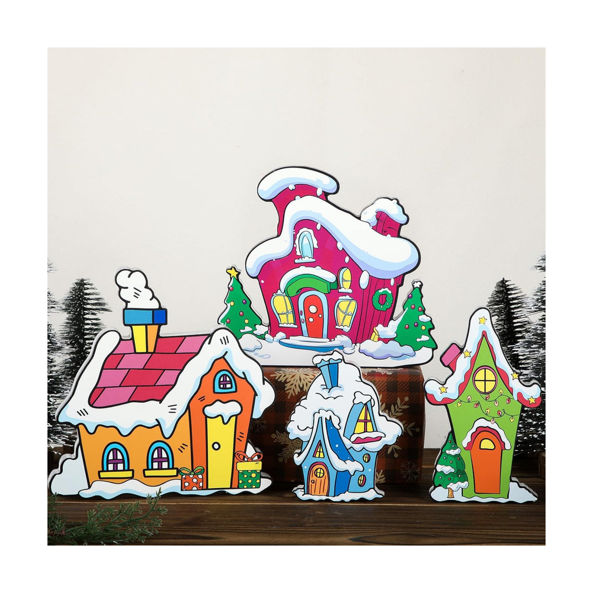 Roowest 4 Pcs Christmas Table Centerpieces, Village Tabletop Xmas Decor Set
