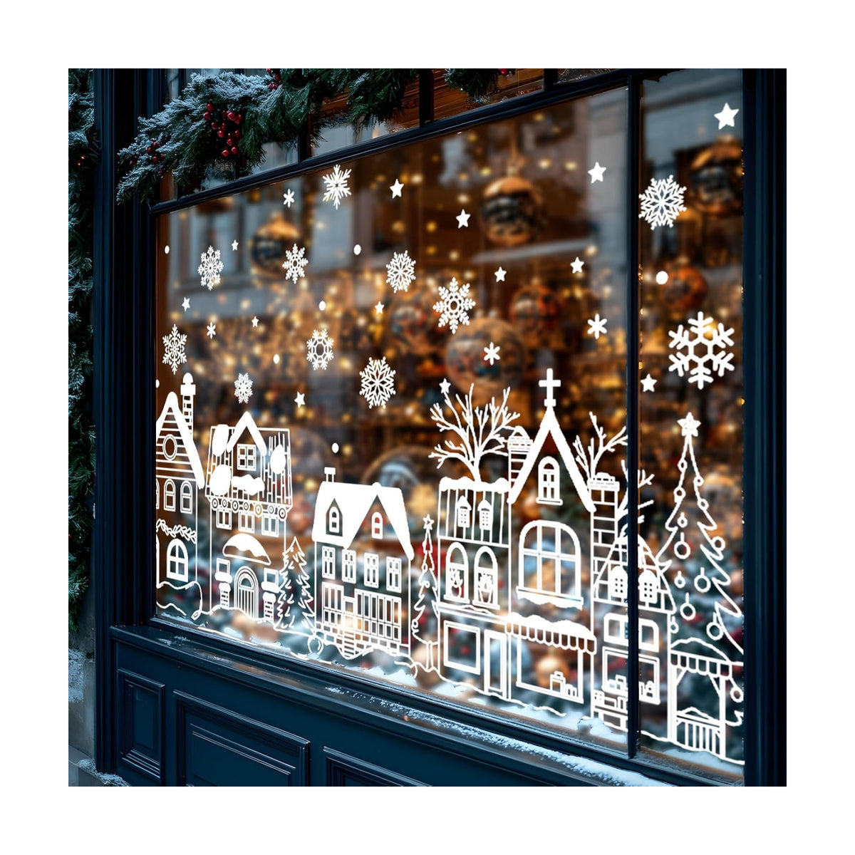 JarThenaAMCS 13.8 * 35.4'' Extra Large Christmas Window Clings 4 Sheets White House Snowflake Xmas Tree Window Stickers Double-Sided Glass Decals for Winter Xmas Home Classroom Office Party Decoration